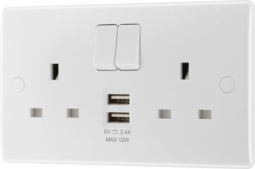 BG 822UAA12 White Round Edge 13A Double Socket   2xUSB A (12W)