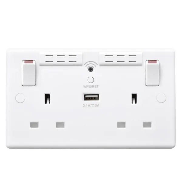 BG 822UWR White Round Edge 13A Double Socket   Wifi Extender  1x USB(2.1A)