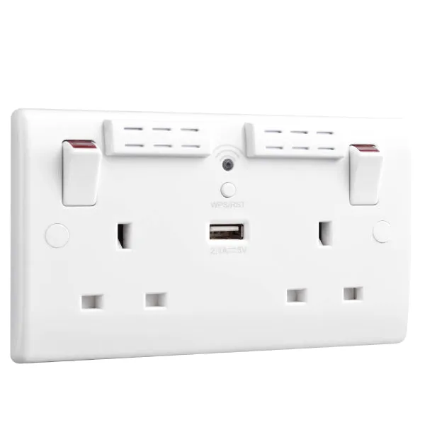 BG 822UWR White Round Edge 13A Double Socket   Wifi Extender  1x USB(2.1A)
