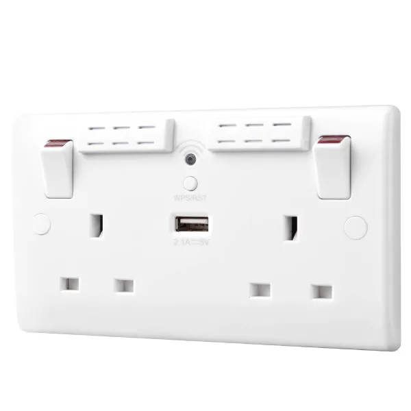 BG 822UWR White Round Edge 13A Double Socket   Wifi Extender  1x USB(2.1A)