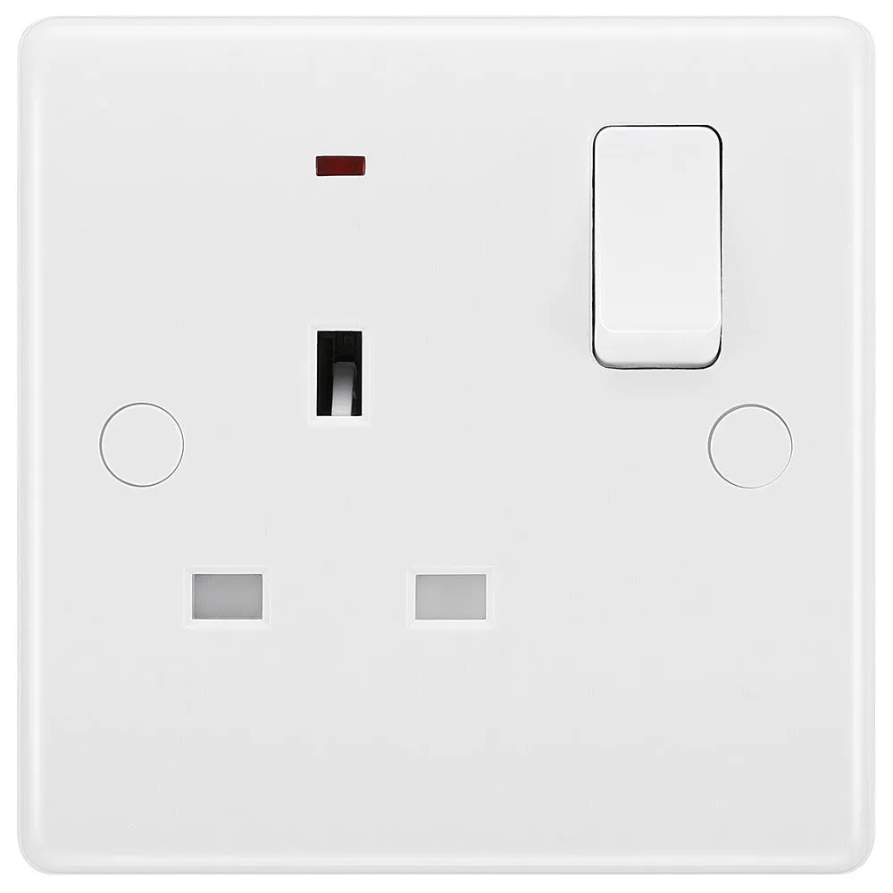BG 825 White Round Edge 13A Single Switched Socket   Neon