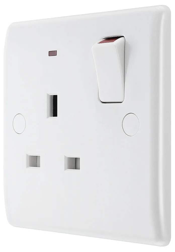 BG 825 White Round Edge 13A Single Switched Socket   Neon