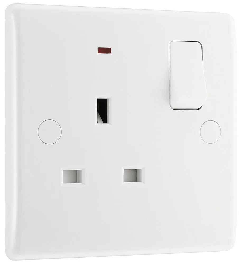 BG 825 White Round Edge 13A Single Switched Socket   Neon