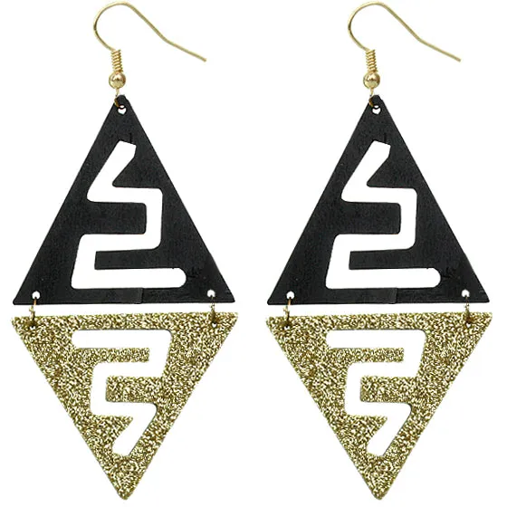 Black Glitter Zigzag Linked Triangle Earrings