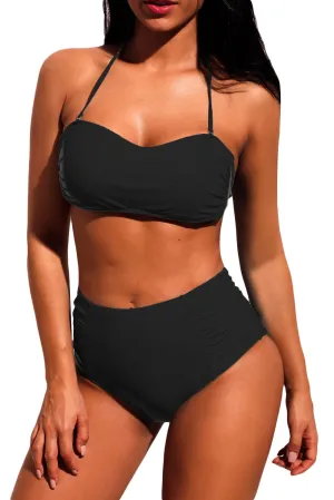 Black Subtle Ruched Halter Bikini High Waist Swimsuit