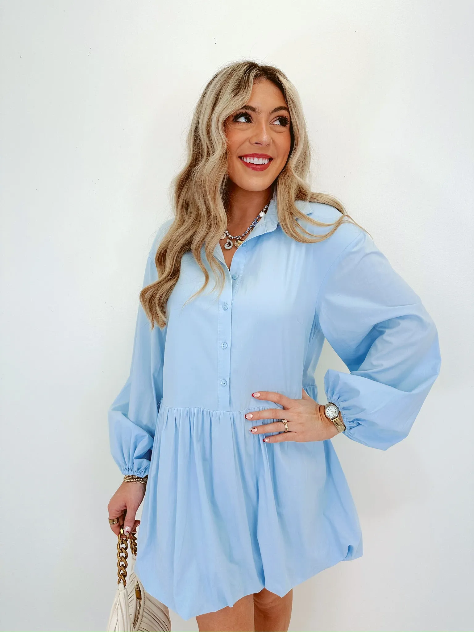 Blissful Sophistication Bubble Hem Mini Dress - Baby Blue
