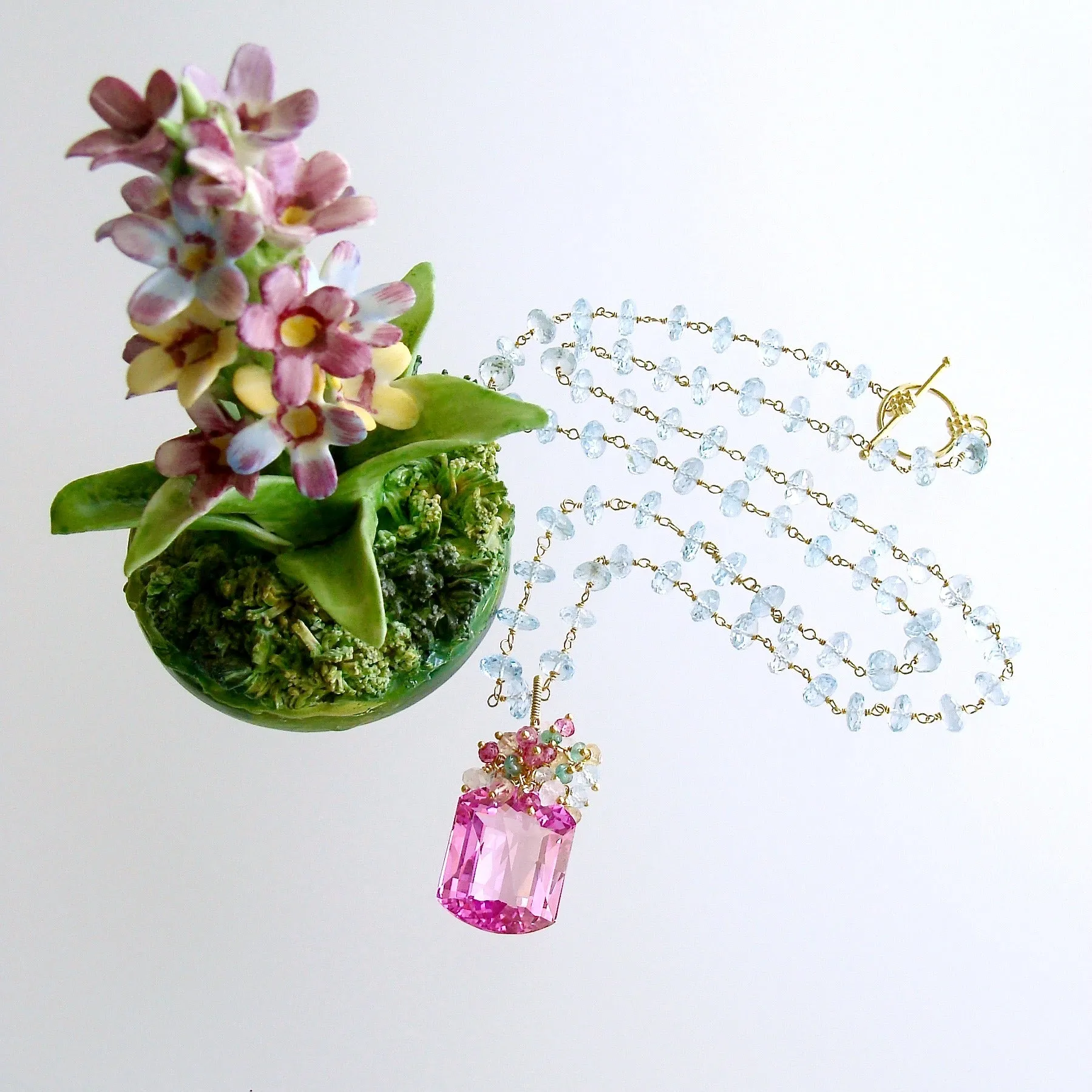 Blue Topaz Pink Topaz Cluster Necklace - Delphine II Necklace