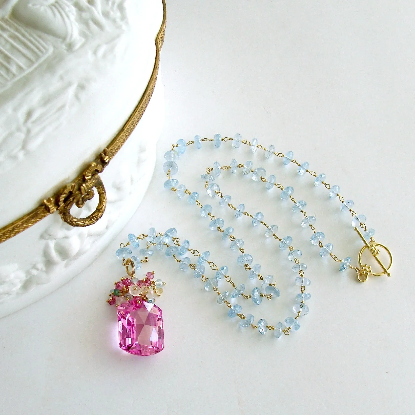 Blue Topaz Pink Topaz Cluster Necklace - Delphine II Necklace