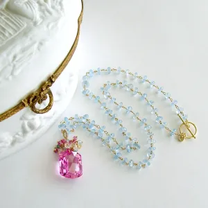 Blue Topaz Pink Topaz Cluster Necklace - Delphine II Necklace