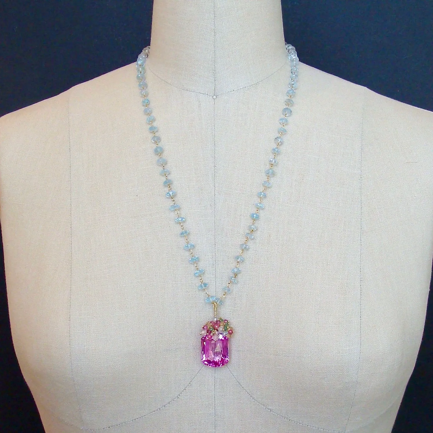 Blue Topaz Pink Topaz Cluster Necklace - Delphine II Necklace