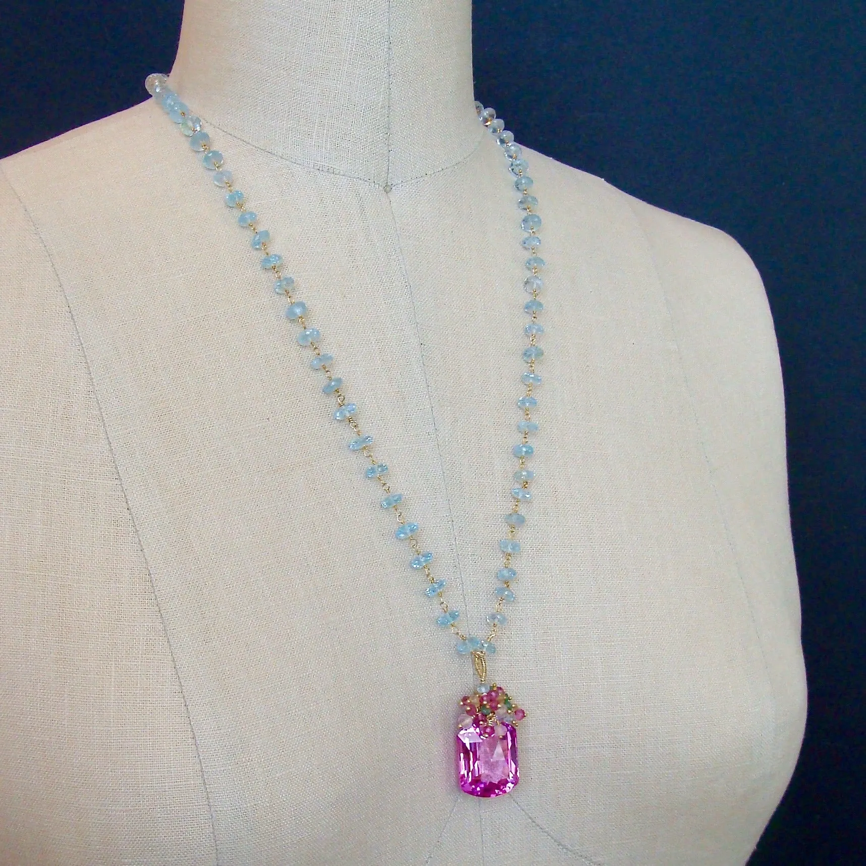 Blue Topaz Pink Topaz Cluster Necklace - Delphine II Necklace