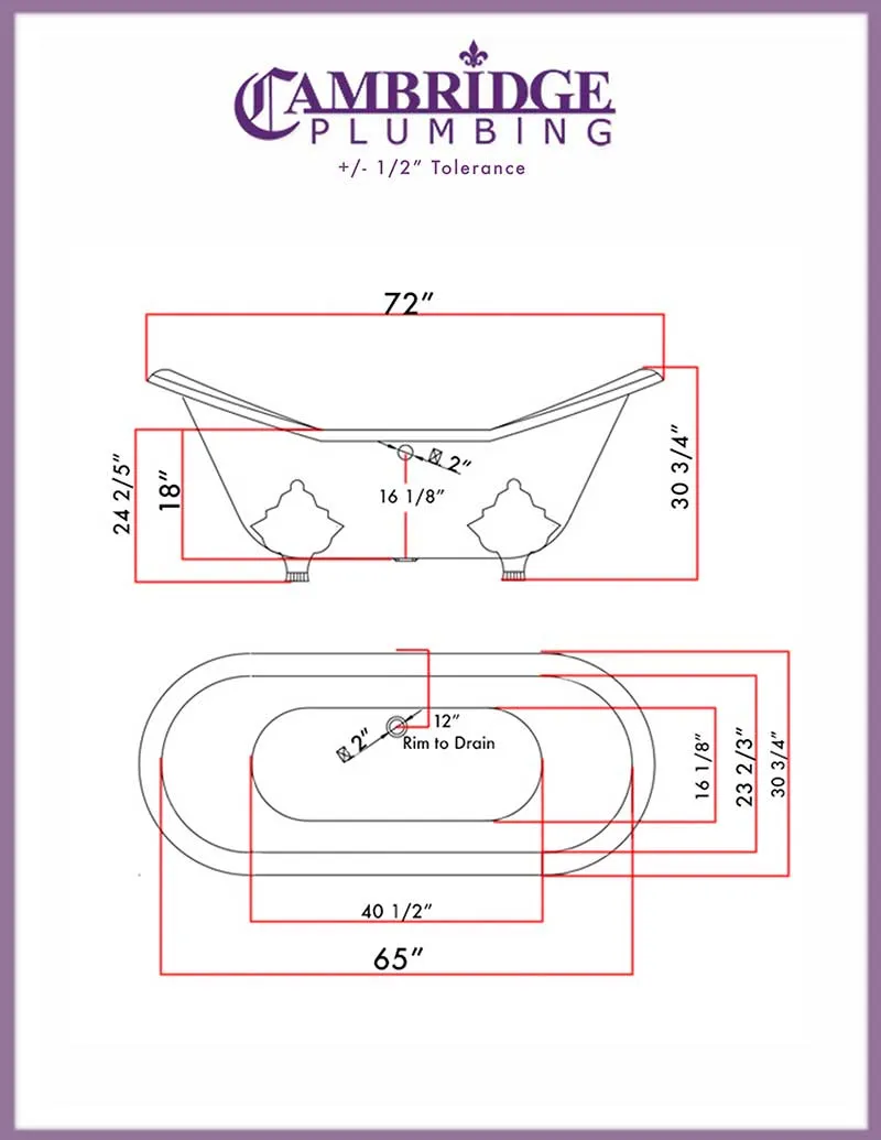 Cambridge Plumbing Cast Iron Double Ended Slipper Tub 71" X 30" with No Faucet Drillings and Polished Chrome Feet