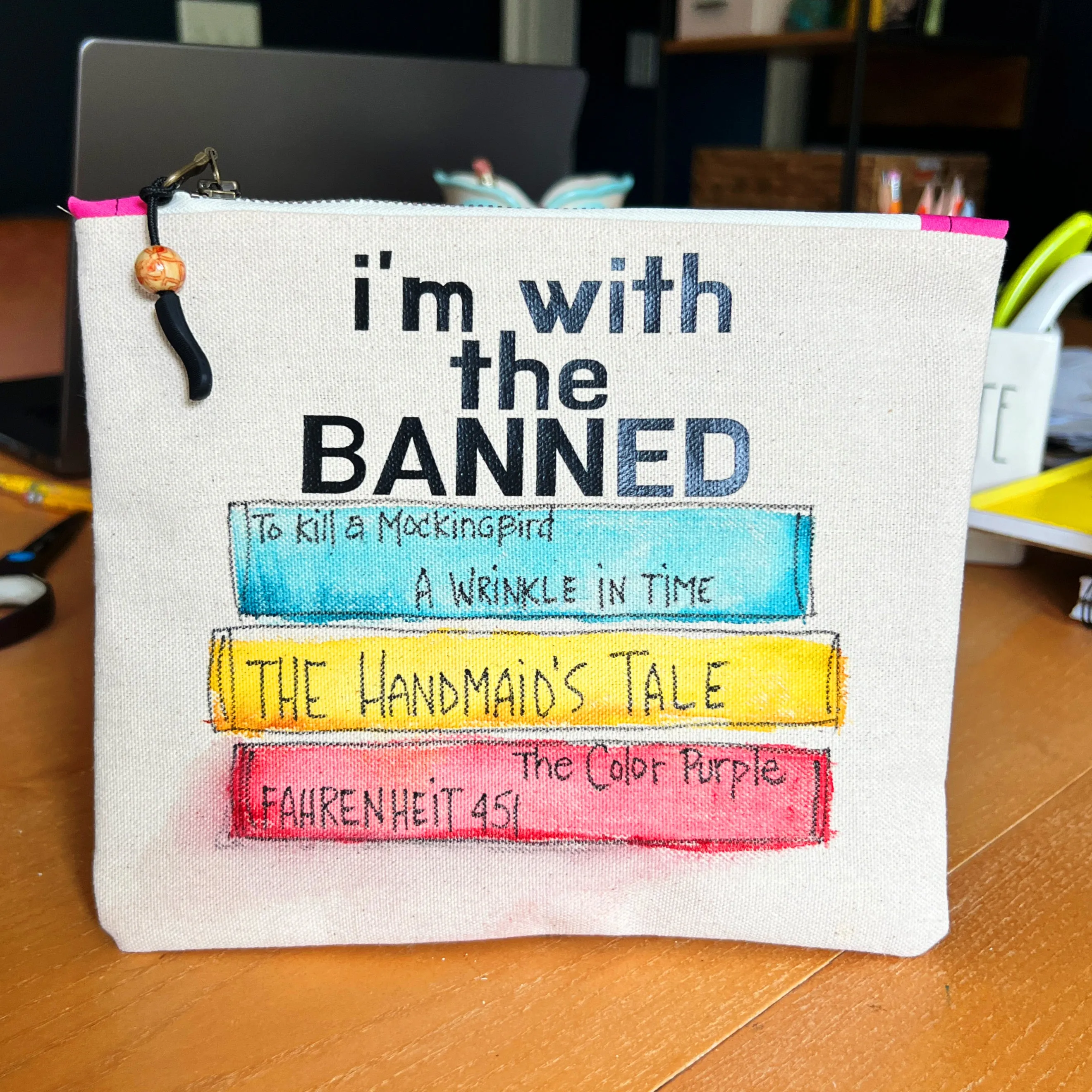 Canvas zip bag painted pouch SMALL- I'm with the Banned
