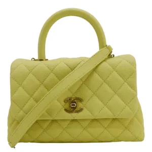 CHANEL CC Coco Flap Caviar Leather Top Handle Shoulder Bag Yellow 24229597