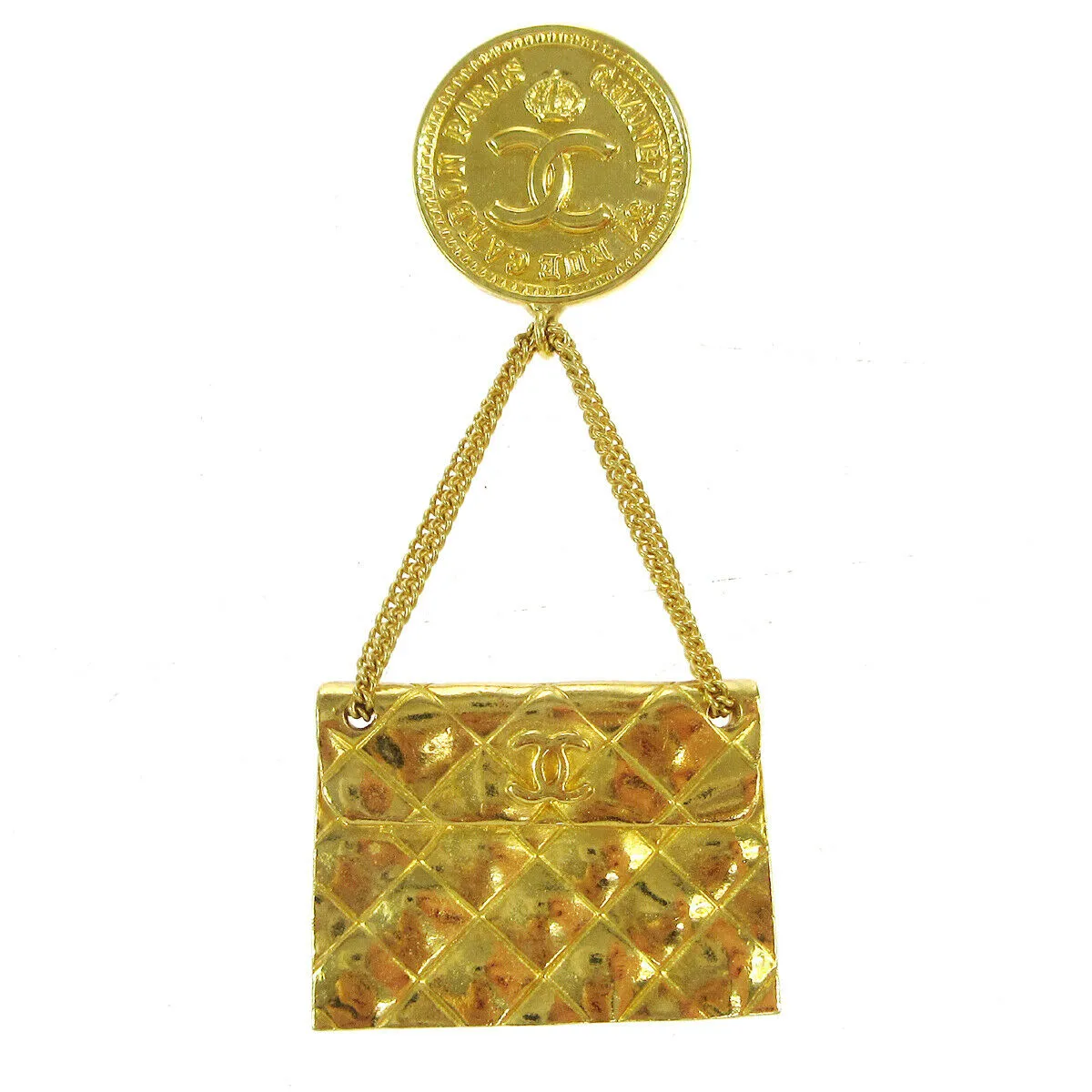 CHANEL CC Quilted Bag Motif Brooch Pin Gold Corsage 93A Accessories NR14053f