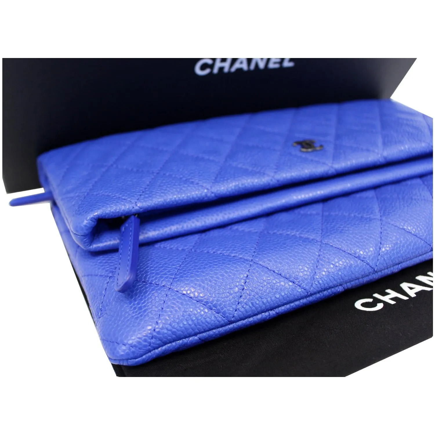 CHANEL Foldover Quilted Caviar Leather Clutch Bag Blue