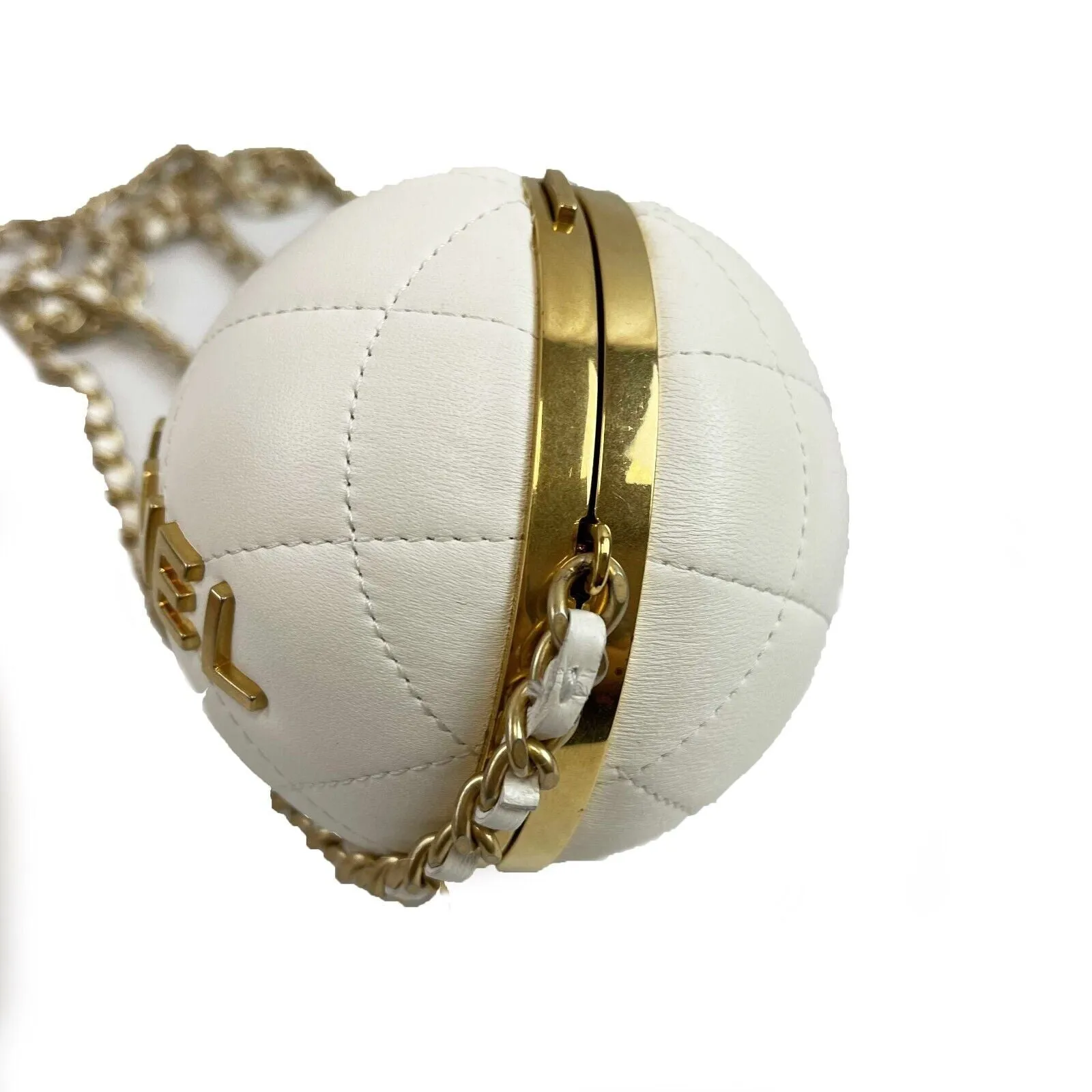 Chanel Paris Coco Sphere Minaudiere Chain Clutch Handbag White Crossbody 2022