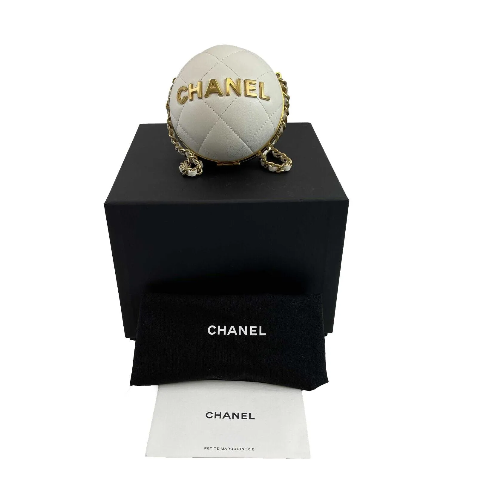 Chanel Paris Coco Sphere Minaudiere Chain Clutch Handbag White Crossbody 2022