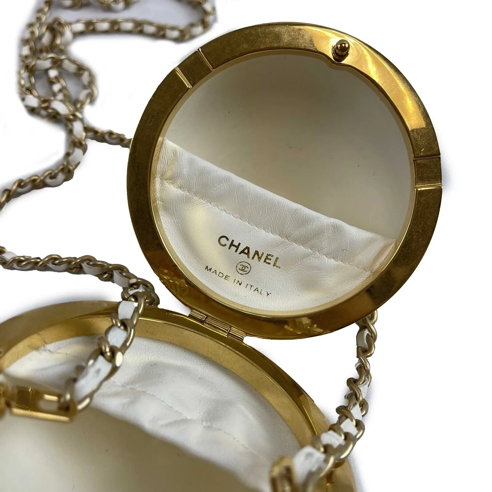 Chanel Paris Coco Sphere Minaudiere Chain Clutch Handbag White Crossbody 2022