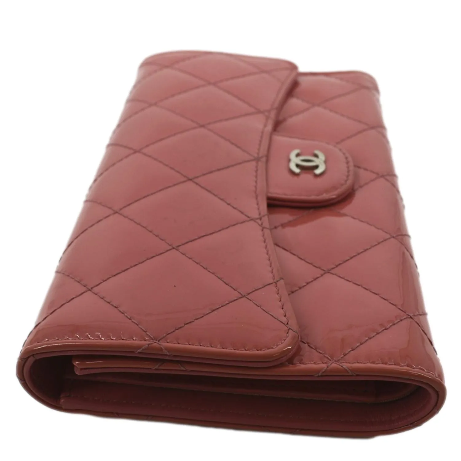 CHANEL Quilted Patent Leather Long Wallet Red