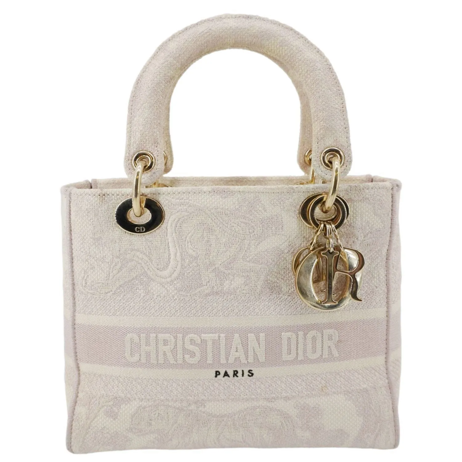 CHRISTIAN DIOR Lady dior D-Lite Embroidered Canvas Shoulder Bag White