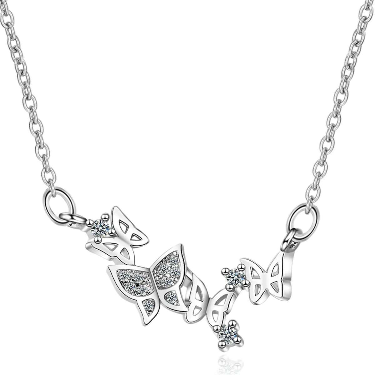 Cubic Zirconia & Silver-Plated Linked Butterfly Pendant Necklace
