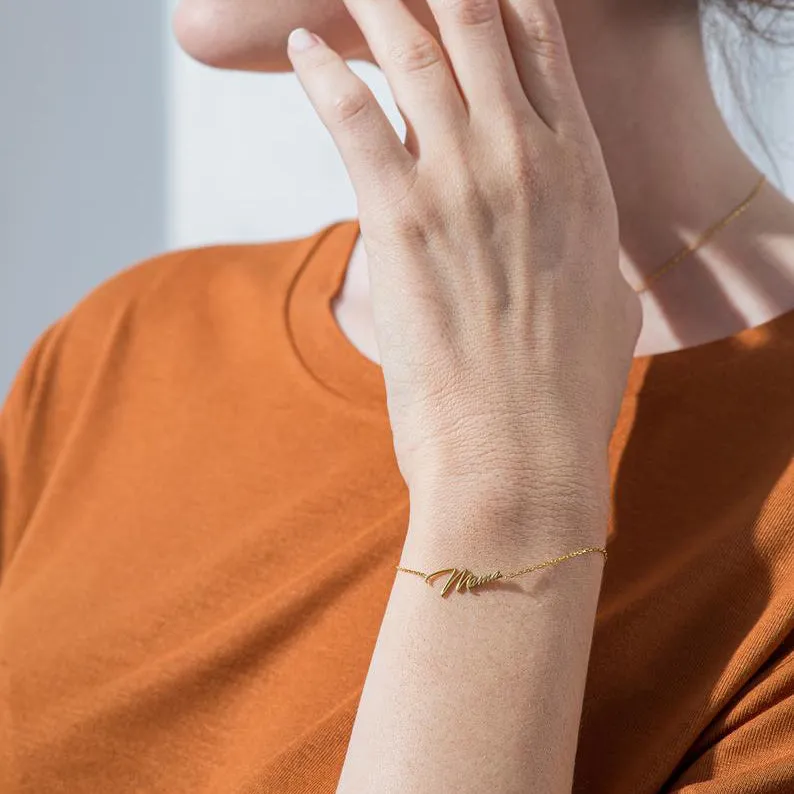 Cursive Name Bracelet 18k Gold Plated Cable Chain
