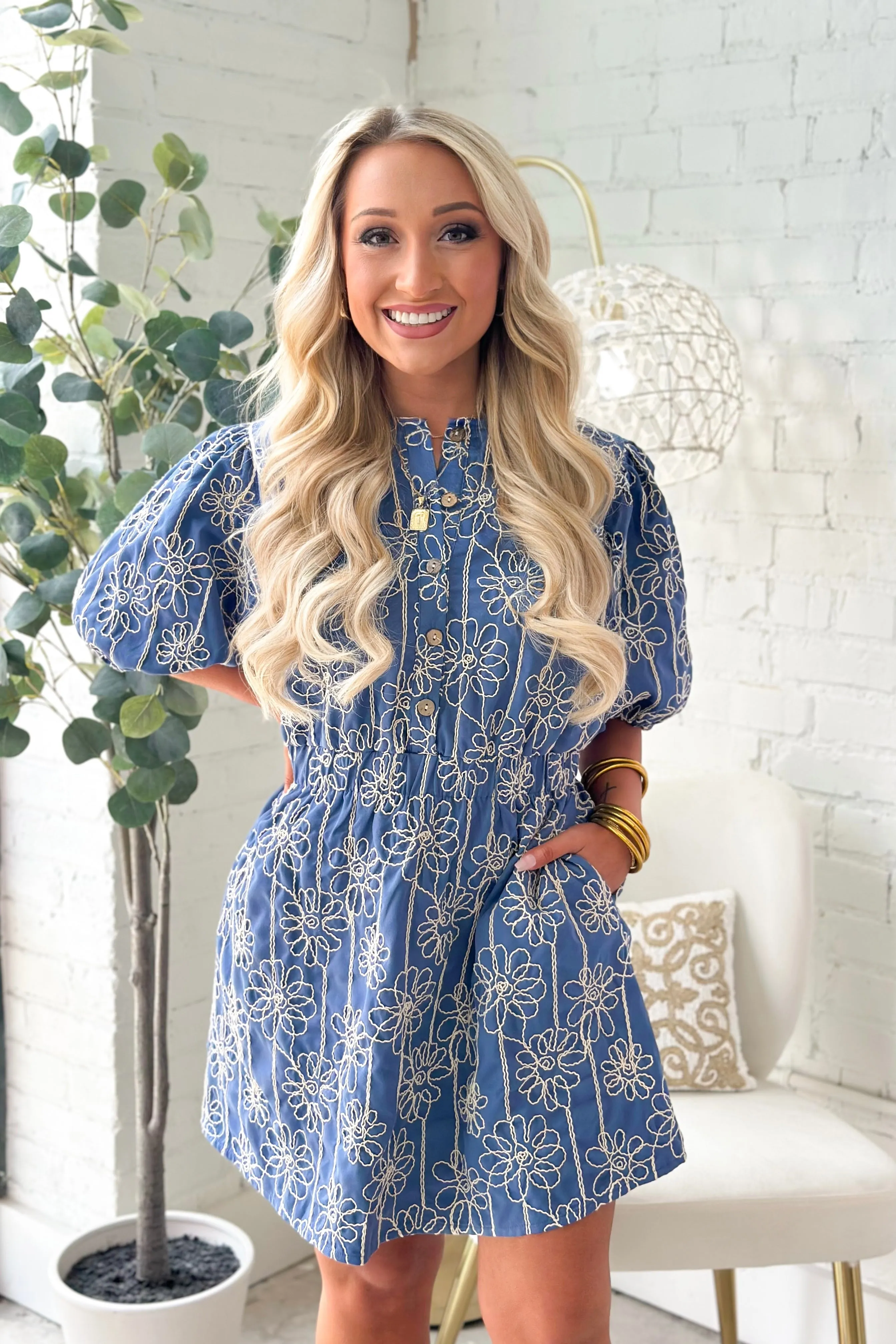 Denim Blue Floral Button Up Mini Dress