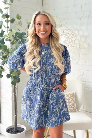 Denim Blue Floral Button Up Mini Dress