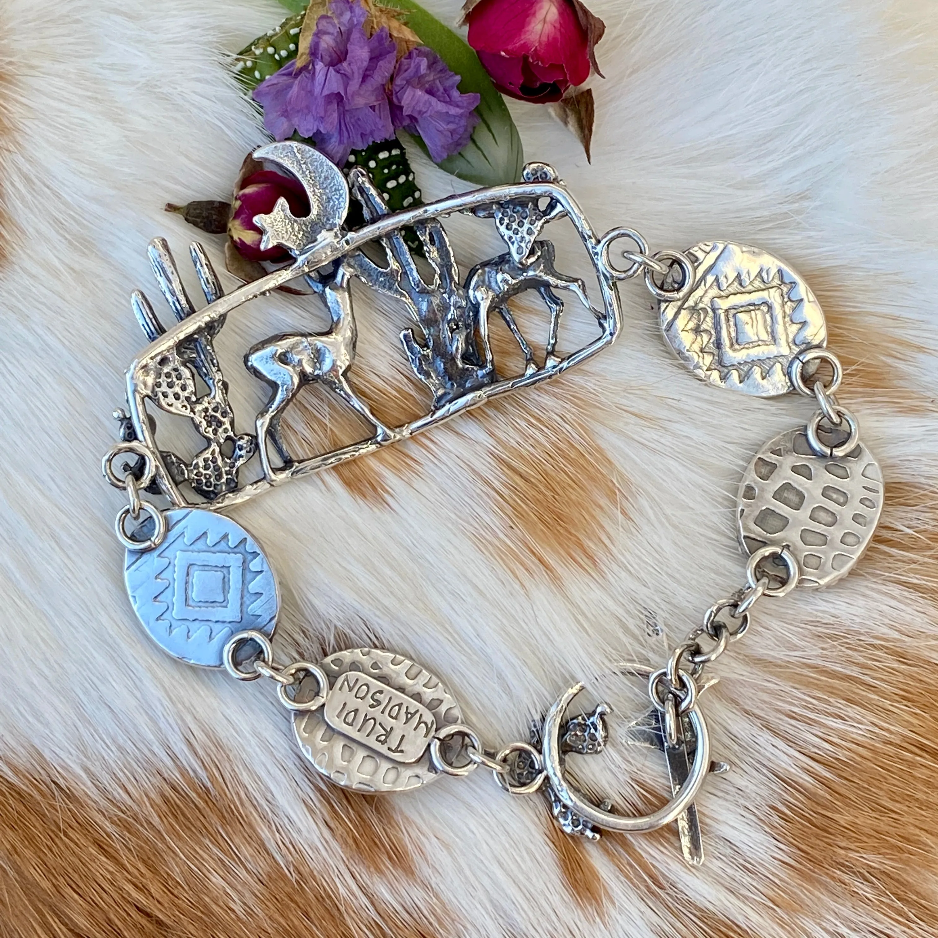 Desert Moonlight Deer Montana Agate sterling silver bracelet
