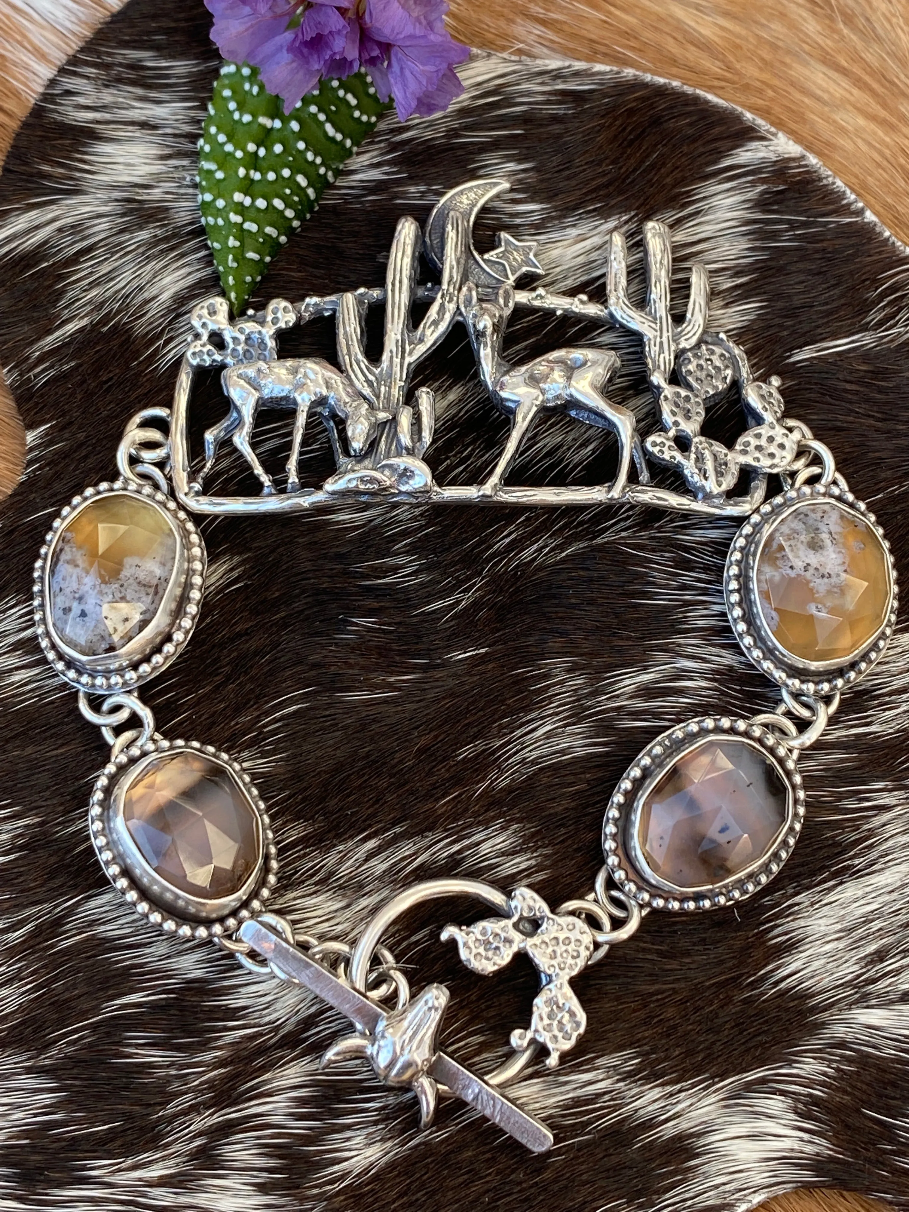 Desert Moonlight Deer Montana Agate sterling silver bracelet