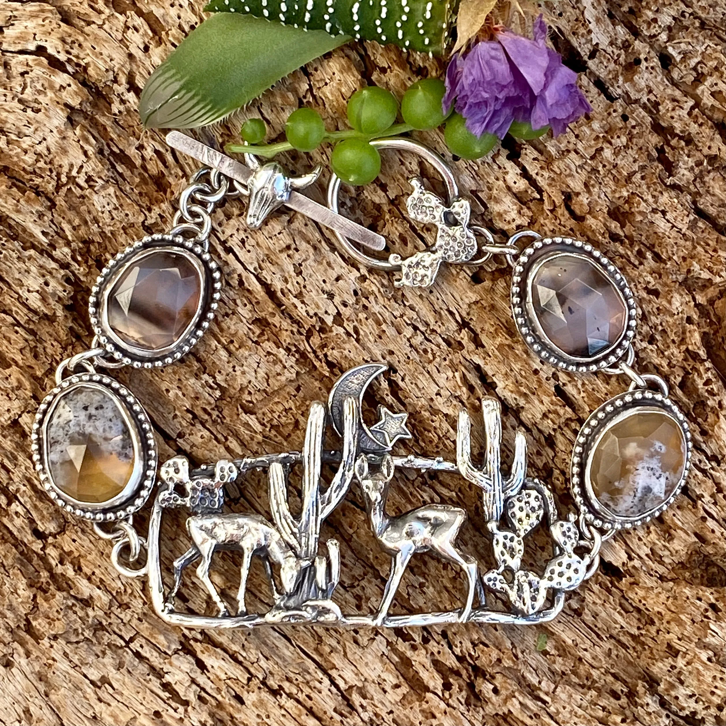 Desert Moonlight Deer Montana Agate sterling silver bracelet