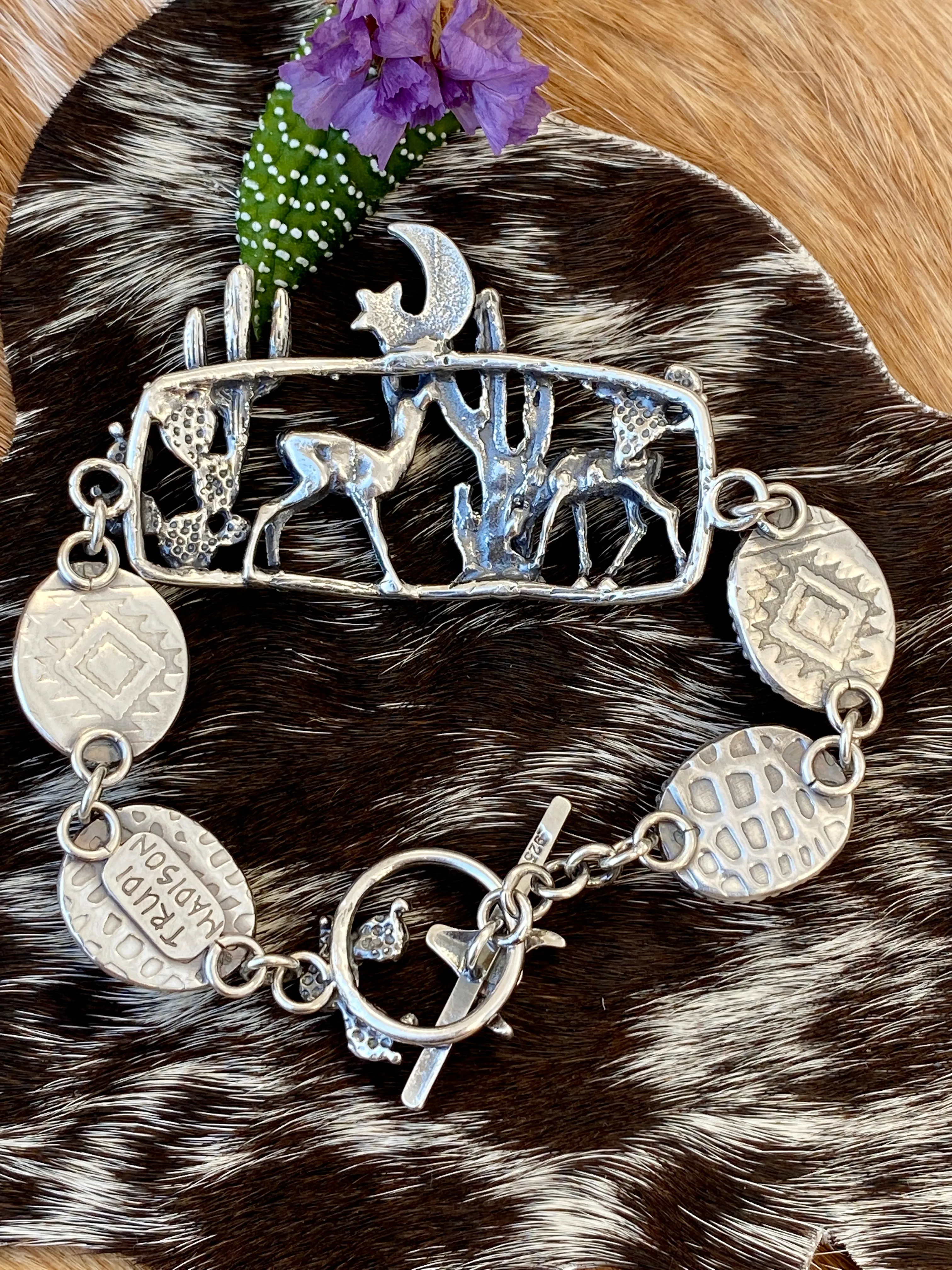 Desert Moonlight Deer Montana Agate sterling silver bracelet