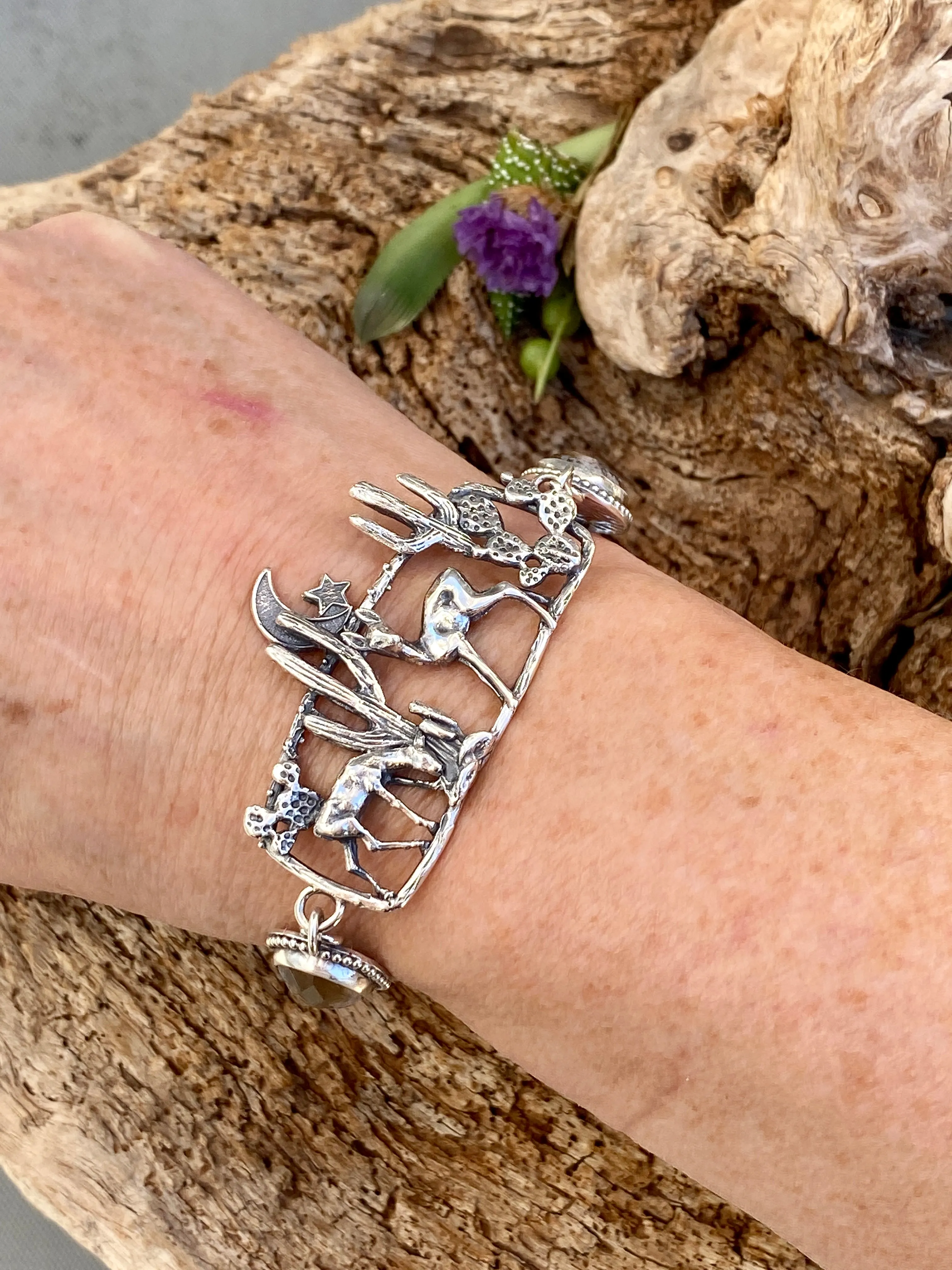 Desert Moonlight Deer Montana Agate sterling silver bracelet