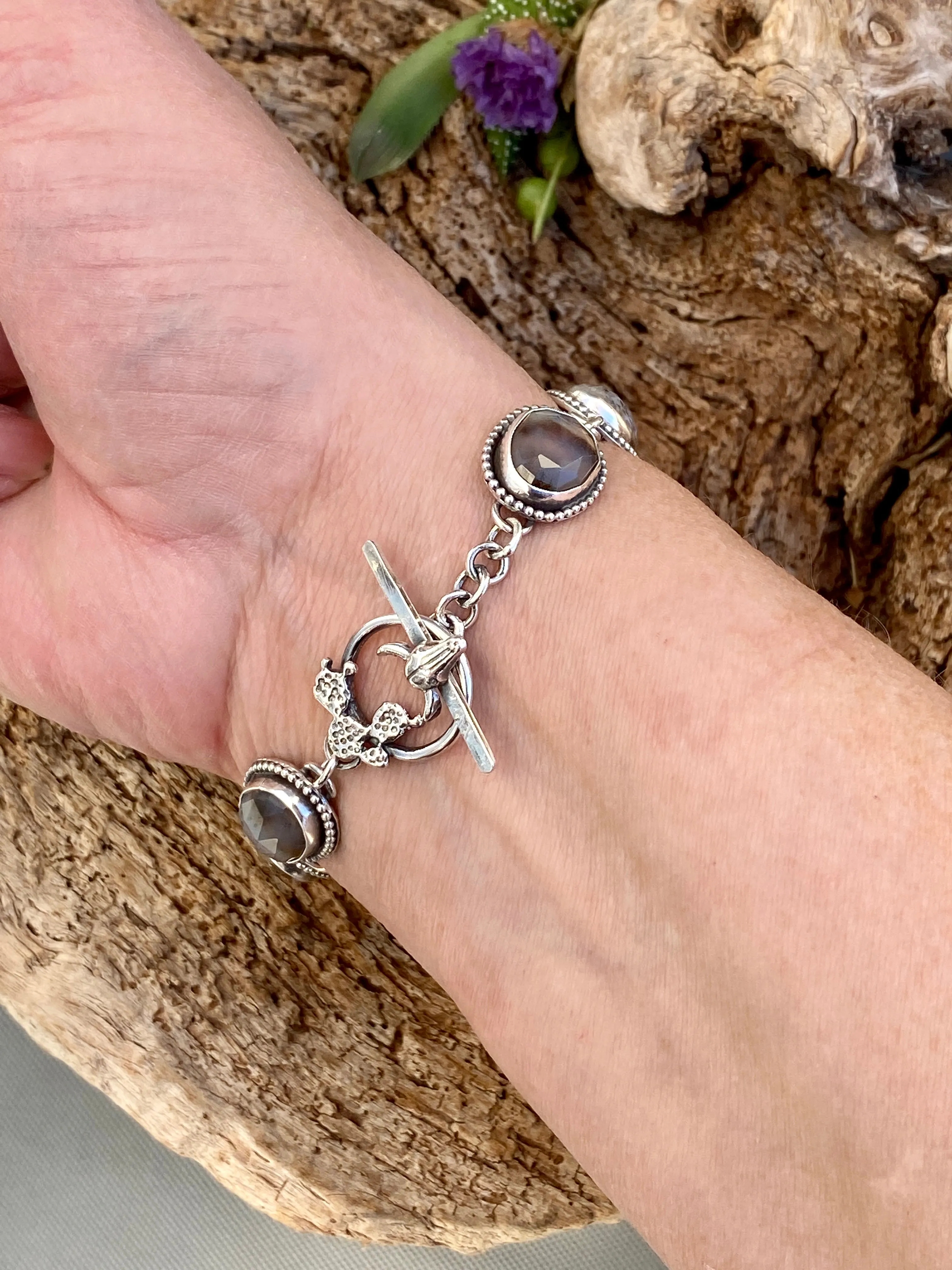 Desert Moonlight Deer Montana Agate sterling silver bracelet