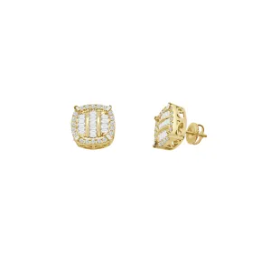 Diamond Rounded Square 3 Rows Stud Earrings (14K)