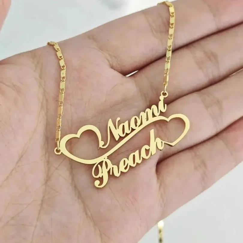 Double Heart Linked Custom Nameplate Necklace