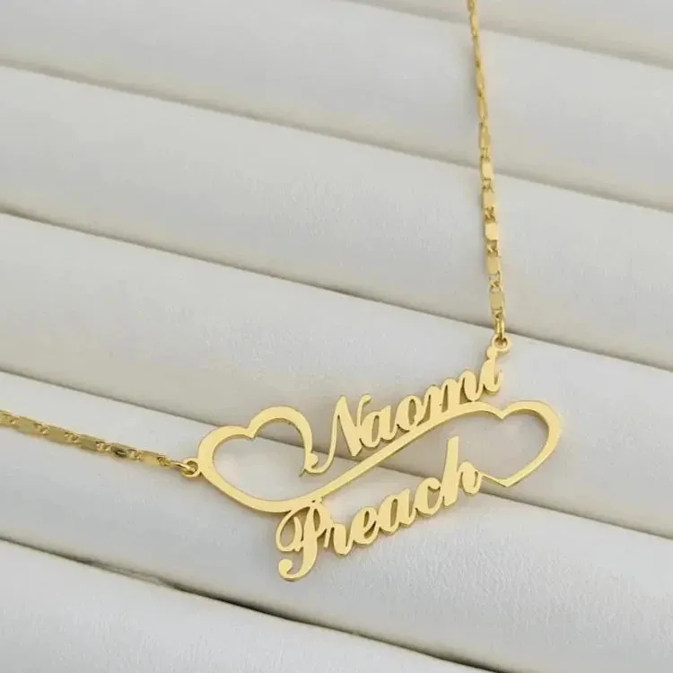 Double Heart Linked Custom Nameplate Necklace