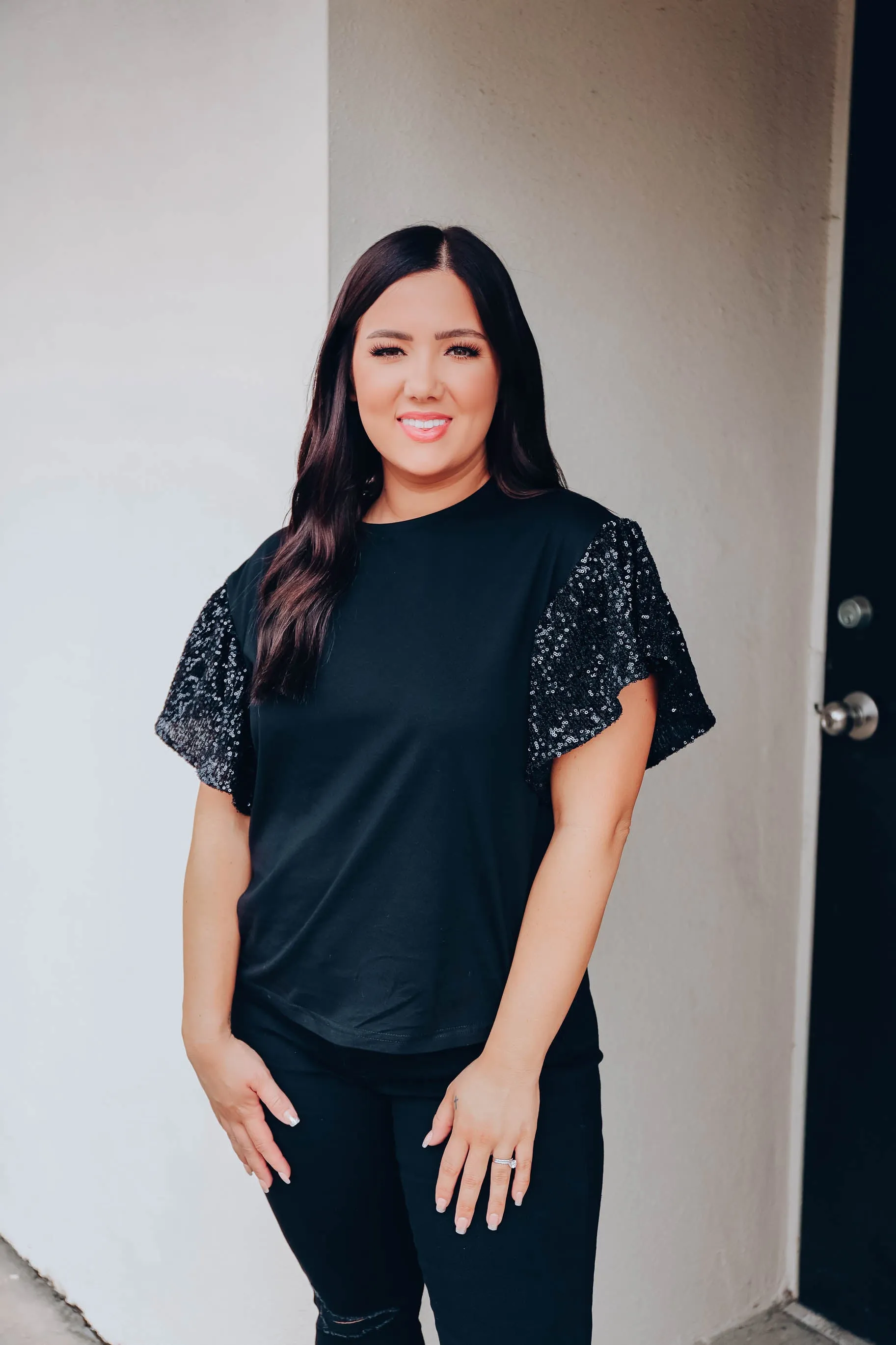 Embellished Flutter Sleeve Top - Black