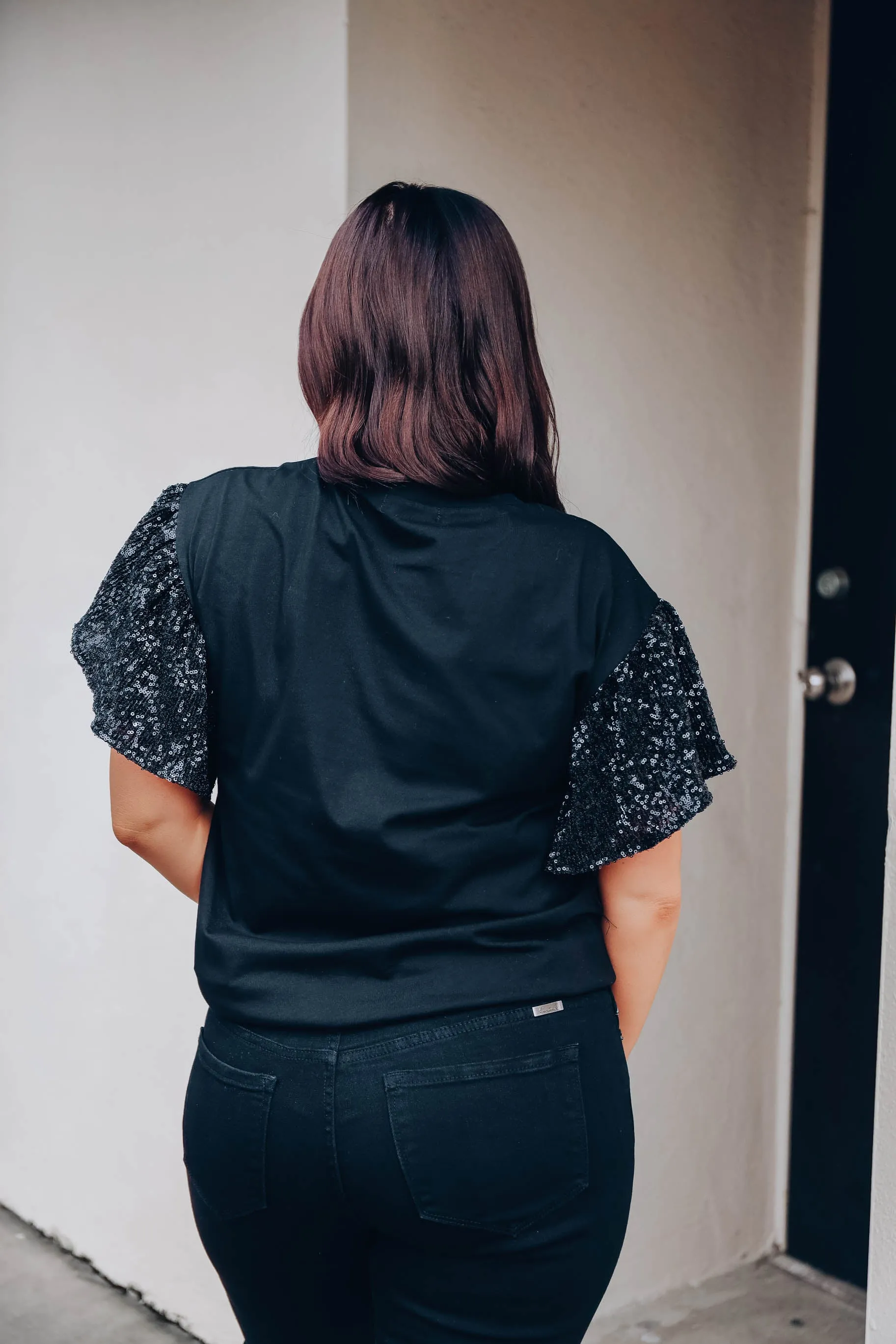 Embellished Flutter Sleeve Top - Black