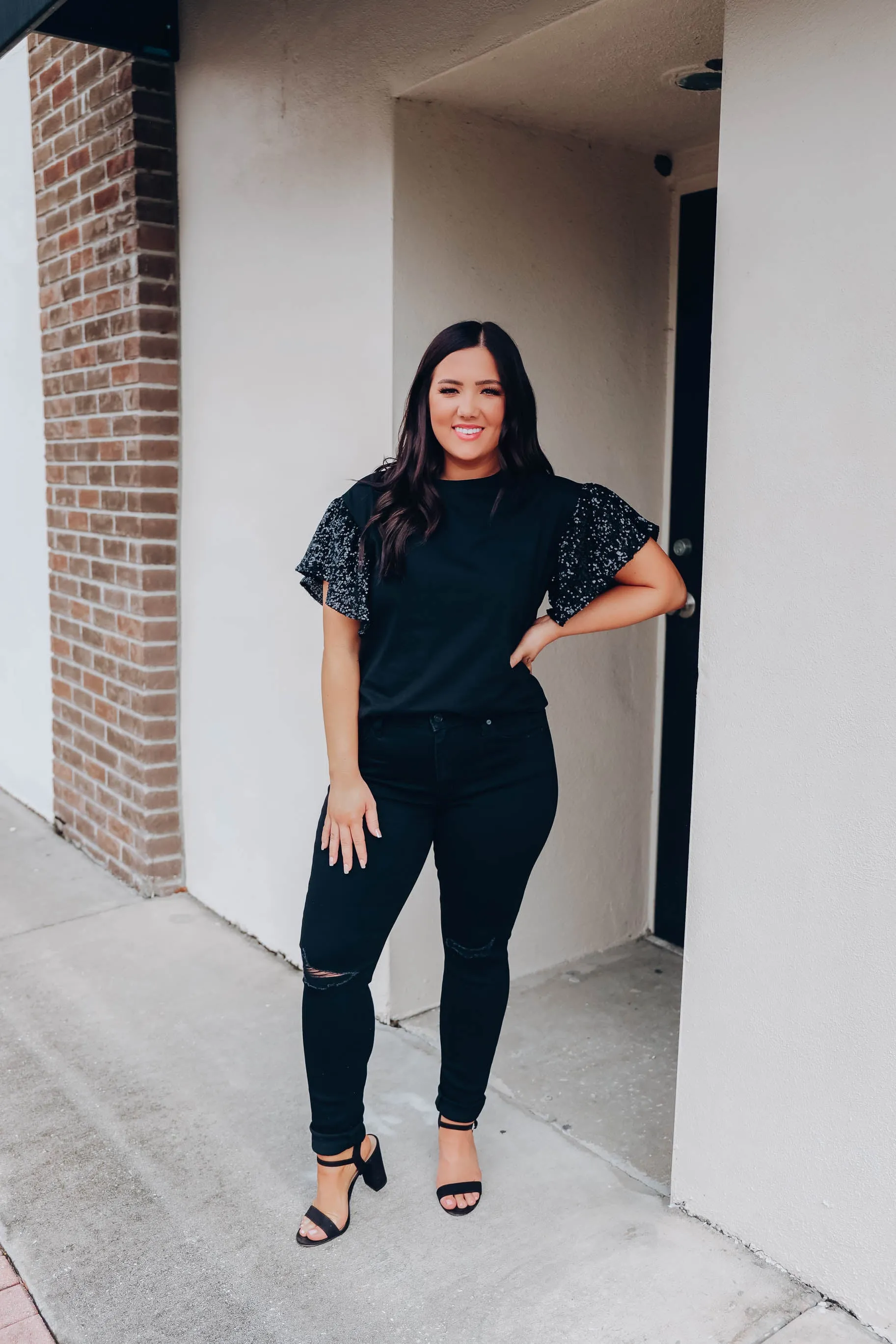 Embellished Flutter Sleeve Top - Black