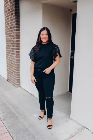 Embellished Flutter Sleeve Top - Black