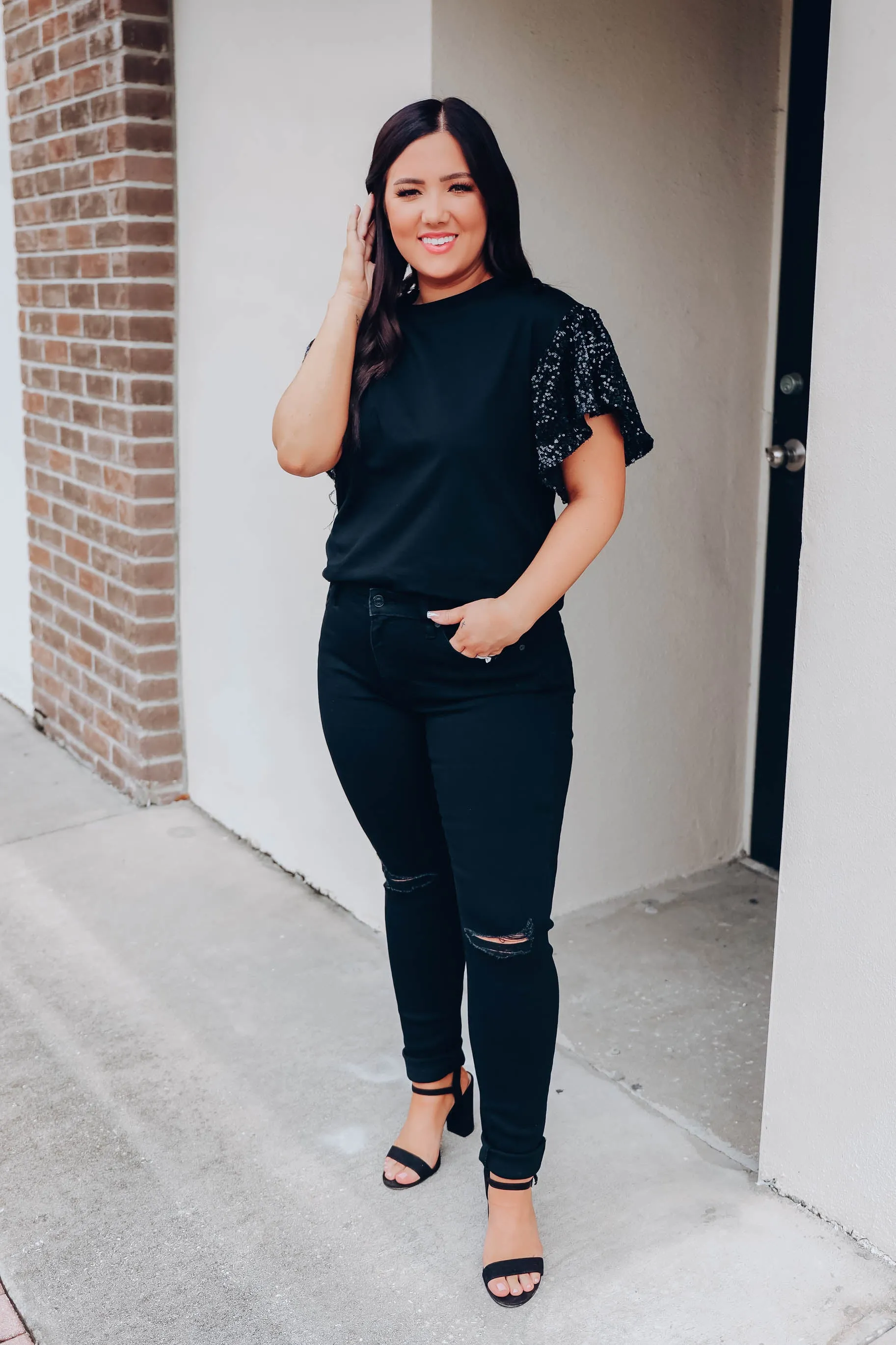 Embellished Flutter Sleeve Top - Black