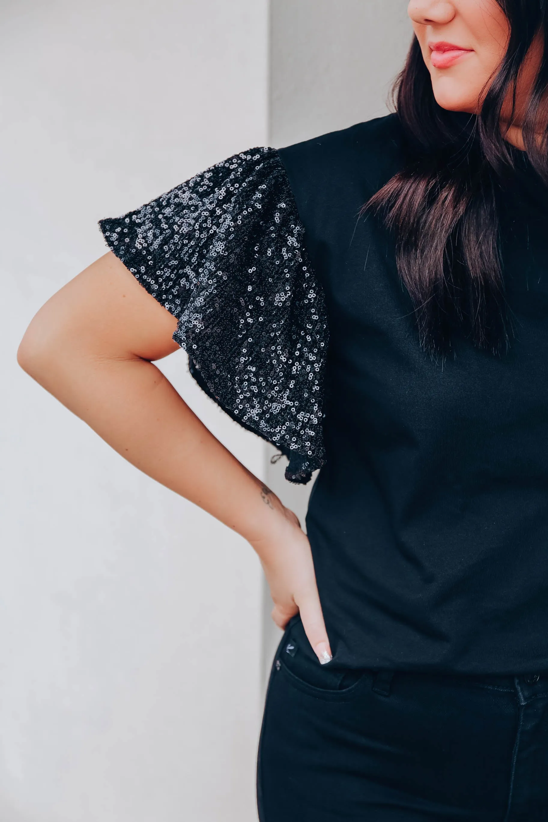 Embellished Flutter Sleeve Top - Black
