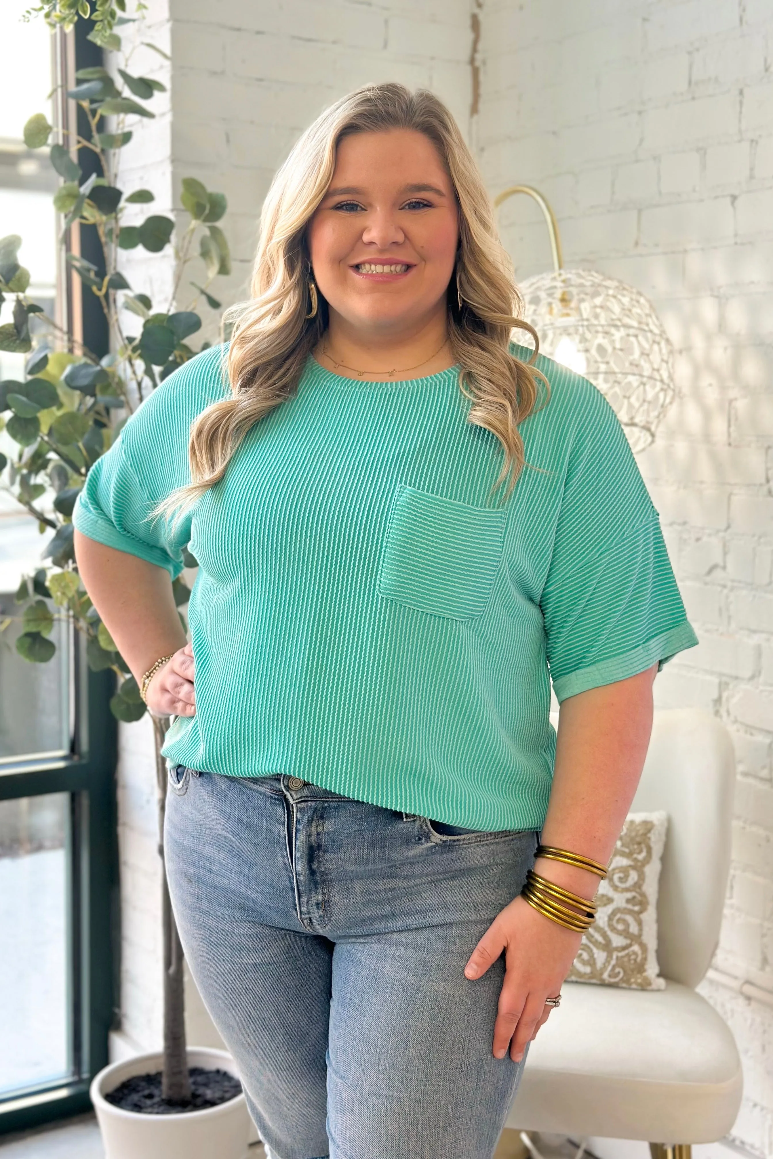 Emerald Ribbed Short Sleeve Pocket Top