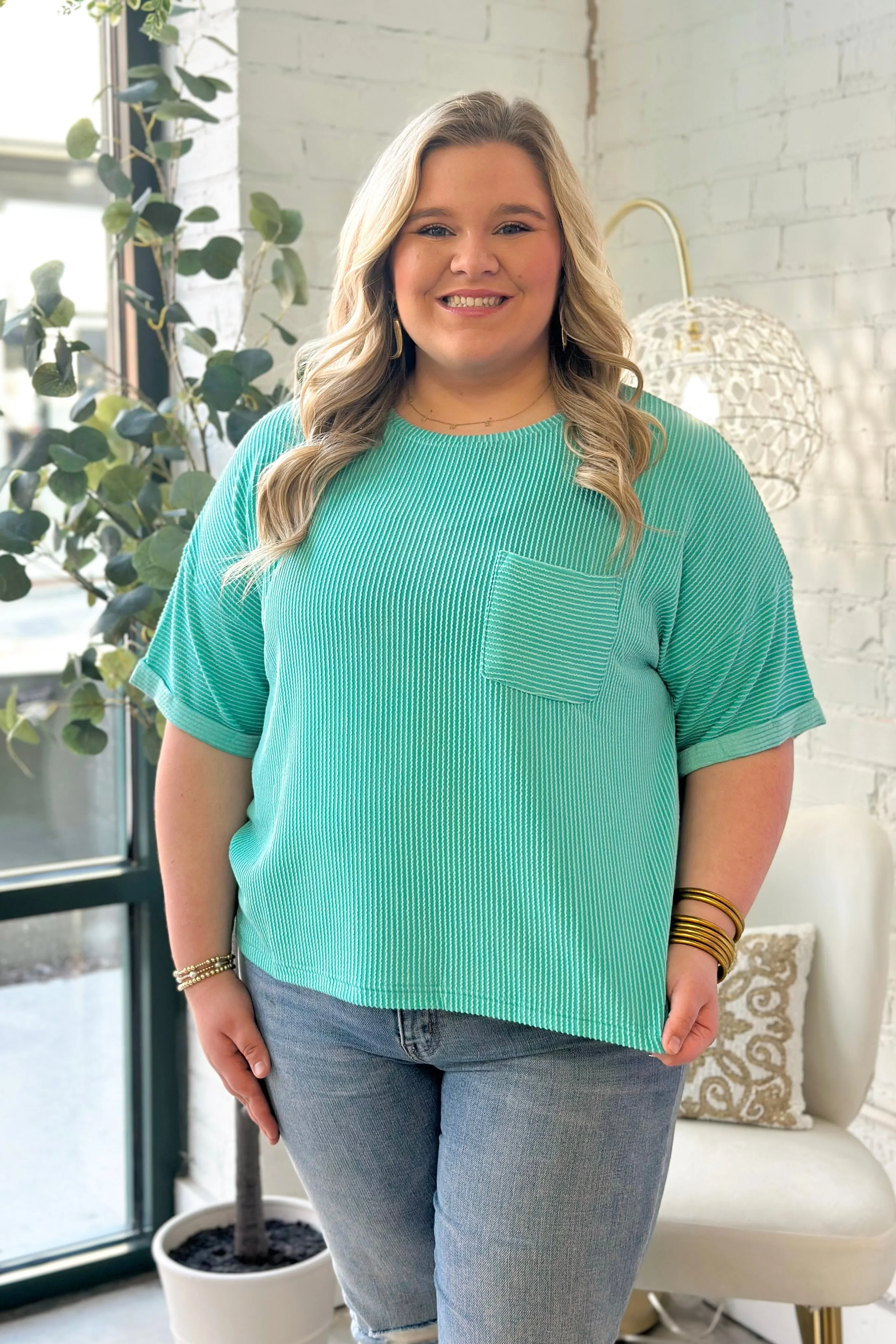 Emerald Ribbed Short Sleeve Pocket Top