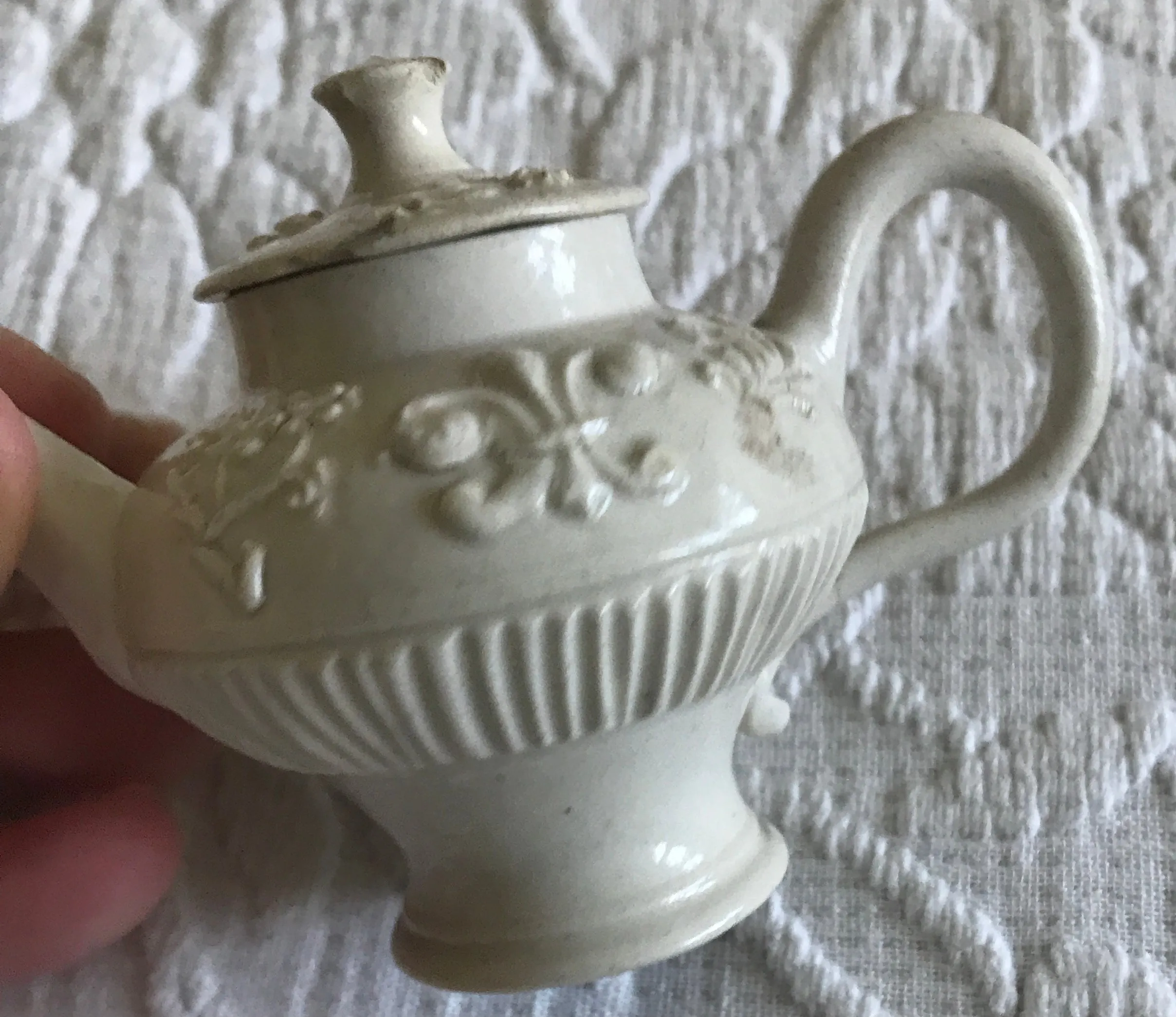 English 18th Century Salt-Glaze Stoneware Miniature Teapot and Cover.