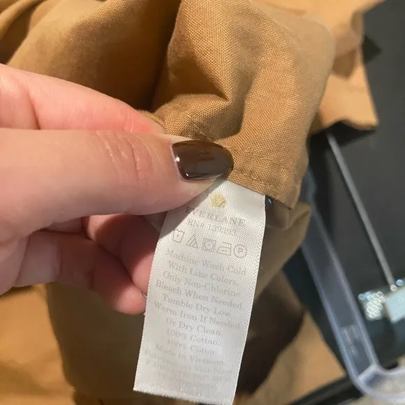 Everlane The Tiered Midi Dress Cotton‎ Mock Neck Short Sleeve Tan Women Runs Big