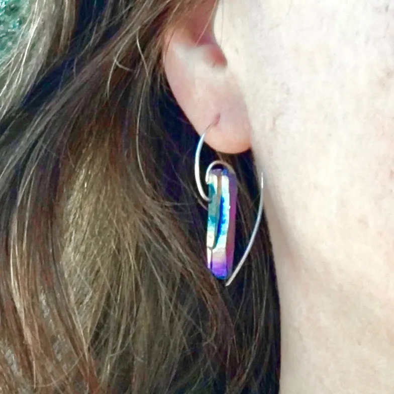 Fibonacci Spiral Earrings with Sterling Silver & Rainbow Aura Quartz Crystal Points