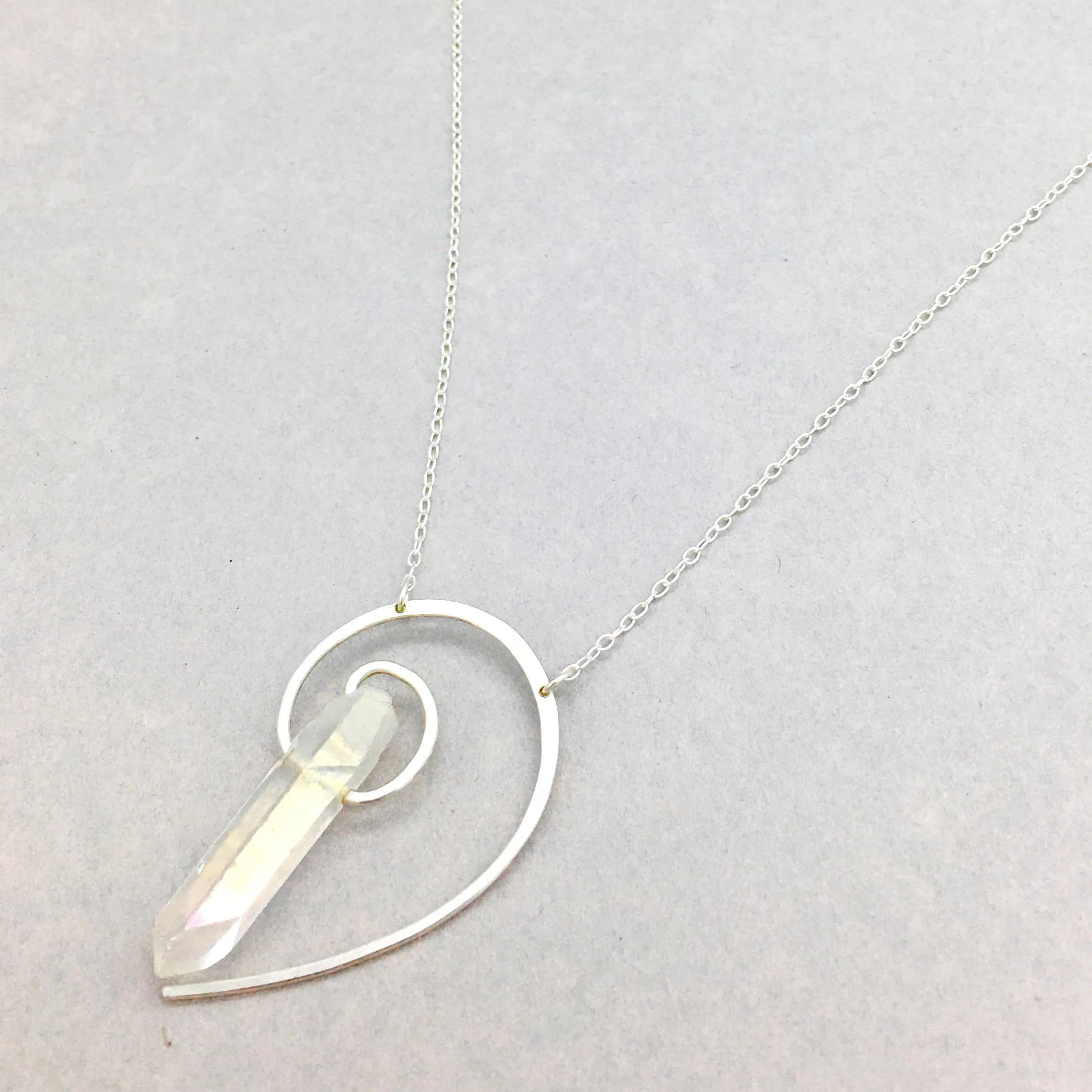Fibonacci Spiral Necklace Handmade with Angel Aura Quartz Point & Sterling Silver